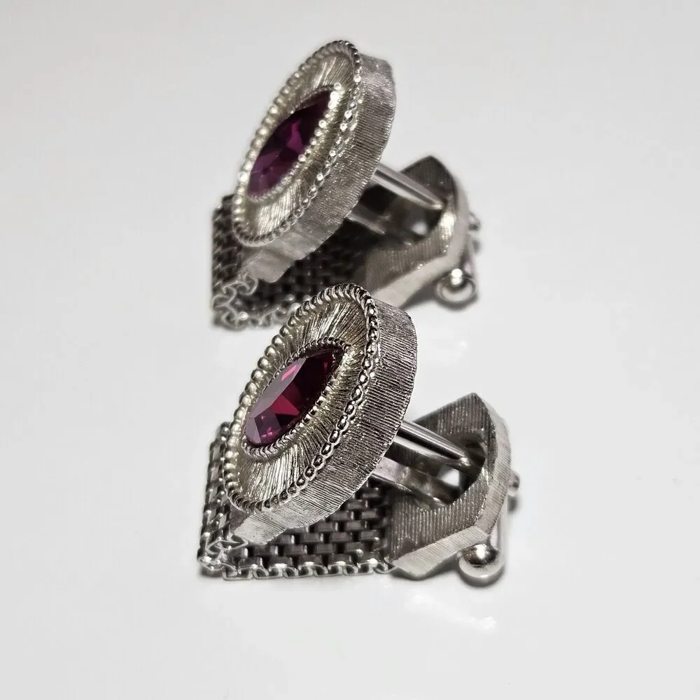 Vintage Swank Pink Marquise Rhinestone Silver Tone Mesh Wrap Around Cuff Links